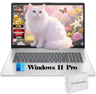 HP Ordinateur portable 17,3, écran FHD, Windows 11 Pro, AMD Ryzen 5 7430U, étudiants et entreprises, mémoire 16 Go, SSD 512 Go, webcam, Wi-Fi, Bluetooth, longue durée de vie, avec accessoires