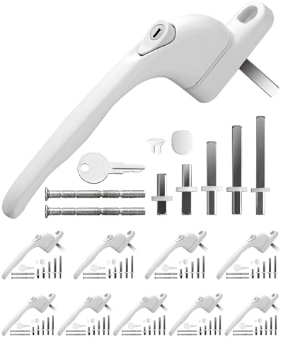 eSynic Universal UPVC Window Handles 10Pack with 5 Multi-Size Spindles & Cuttable Screws 360° Rotation Lockable PVC Window Handle with Key White Aluminum Ergonomic Espag Replacement Handle