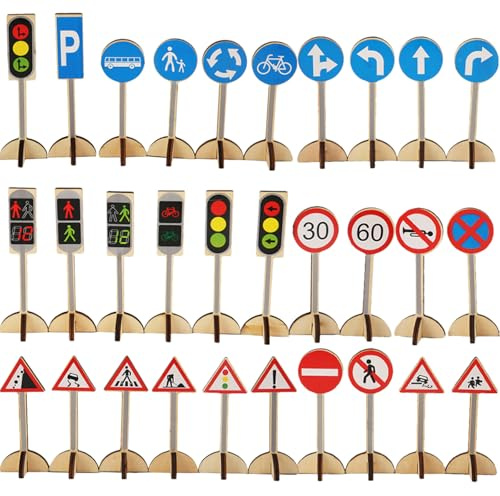 BESTonZON Jouet Éducatif en Bois pour Garçon et Filles Panneaux de Signalisation Routière, Jeu Cognitif Ludique pour Améliorer la Sécurité, pour Scènes de Circulation