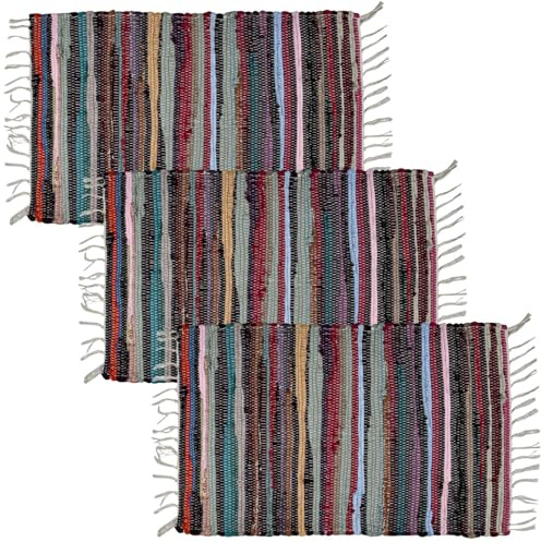 MARRAKESCH - Set di 3 tappeti in tessuto a mano in cotone Rug piccolo, 50 x 90 cm, motivo a strisce boho in cotone con frange, per soggiorno, cucina, corridoio