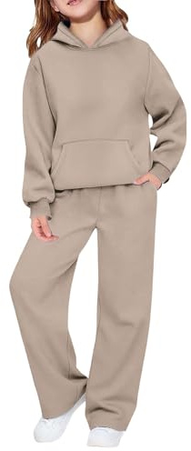Survêtement 2 pièces Preppy pour garçons et filles - Pull athlétique à capuche - Jambes larges - Automne et hiver, kaki, 7-8 ans