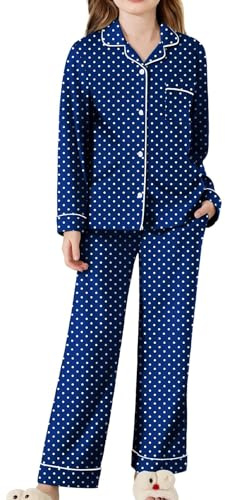 Arshiner Flickpyjamas vinter barn långärmad pyjamasset bekvämt tecknat tryckt nattkläder för flickor 5–14 år, Polkaprickar och djupblå, 7-8 år