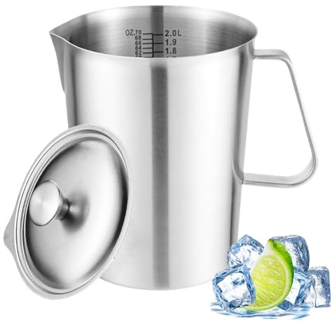 Messbecher Edelstahl mit Deckel – 2l Rührbecher mit Markierung und Griff, spülmaschinenfester 304 Edelstahl, Messbecher für Milchkännchen, Kaffeekanne, Eiskübel – Milk Pitcher Silber