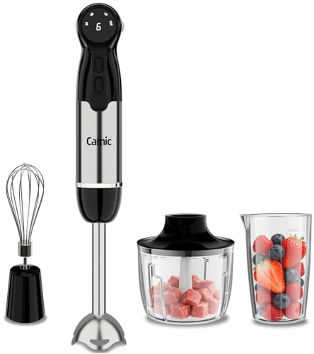 Camic Stabmixer, 4-in-1 Pürierstab, Kabelloses Elektrische Stabmixer mit 6-Stufiger + LED-Anzeige, Inklusive Edelstahl-Mixfuß, Schneebesen und 500ml Lebensmittelhacker für Suppen, Babynahrung