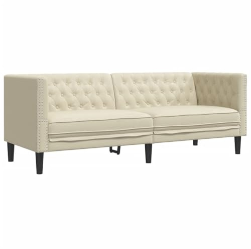 QJBSAVVA Chesterfield-Sofa 3-Sitzer Creme, Elegantes Dreisitzer Sofa aus Kunstleder mit Knopfheftung, 194 x 74,5 x 70,5 cm Polstersofa für Wohnzimmer und Büro, Stabiler Rahmen