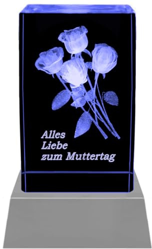 Kaltner Präsente Stimmungslicht – Ein ganz besonderes Geschenk: LED Kerze/Kristall Glasblock / 3D-Laser-Gravur Rosen Alles Liebe zum Muttertag mit Regenbogen Beleuchtung