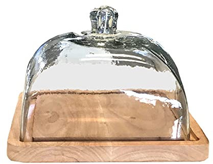 Plateau à Fromage ou Gâteau en Bois et Cloche en Verre Carré