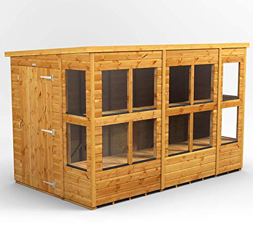 POWER High Grade Premium Pent Potting Greenhouse Wooden Shed with Security Features, PVC Window sills, Door & Window Flexibility, made from 12mm Extra Thick Timber & Toughened Glass