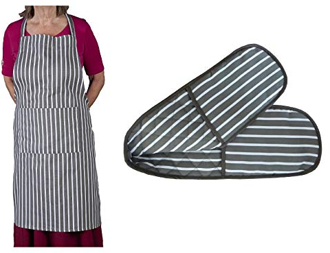 Butchers Stripe Printed Cotton Bib Apron & Double Oven Glove Kitchen Cooking Set (Slate)