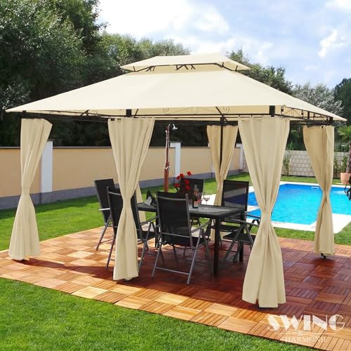 Luxus Pavillon 3x4m Minzo - inklusive Seitenwände Gartenpavillon Partyzelt Gartenzelt (ohne Moskitonetz, Creme)