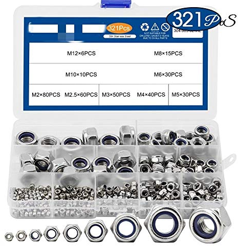 Sicherungsmuttern sortiment, 321pcs Nylon 304 Edelstahl M2 M2.5 M3 M4 M5 M6 M8 M10 M12 Hex Hexagon selbstsichernde Mutter Sortiment Kit