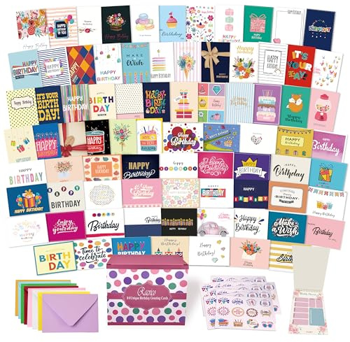 80 Unique Birthday Cards- Happy Birthday Cards Bulk With Greetings Inside – Assorted Envelopes and Stickers -Large 5 x 7 inches- Greeting Box Set