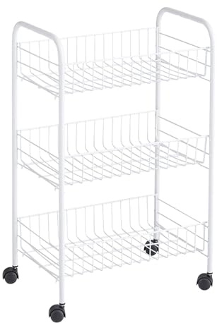 Rubbermaid 3-Tier Shelving Wheeled Organizer, Wire Adjustable Metal Storage Cart, for Office/Kitchen/Bedroom/Laundry Home Use, White