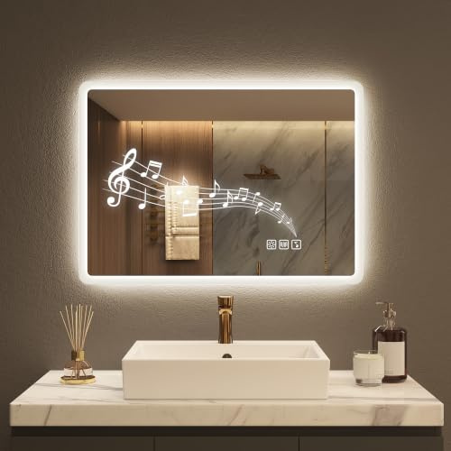 STARLEAD 500x700 mm Bathroom-Mirror-with-LED-Lights for Wall, Bluetooth, Anti-Fog, 3 Colors Dimmable Bathroom-LED-Mirror, Memory Function, HD Tempered Glass, IP44 Smart-Mirror(Horizontal/Vertical)
