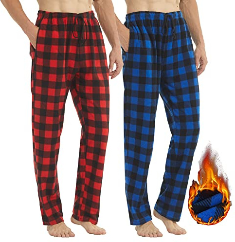 LANBAOSI Pyjamasbyxor för män fleece 2-pack rutiga fluffiga loungebyxor rutig pyjamas långa termiska nattkläder byxor med fickor, Röd/blå, M