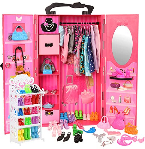 Festfun Fashionistas Kleiderschrank mit 100-teiligem Zubehör für Puppen mit Einer Größe von 11,5 Zoll, 1 Kleiderschrank, 12 Kleidung, und 85 anderes Zubehör für Puppen, Schuhe, Halsketten usw