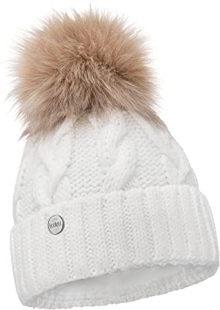 ELIMELI® Winter Mütze Damenmütze mit Fell-Bommel Fleece Innenfutter gefüttert - warme Damen Bommelmütze Strickmütze - Wintermütze mit Kunstfell Bommel - Slouch Strick Beanie Made in EU (weiß)