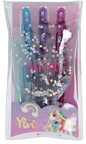 Depesche 11713 Ylvi - Tattoo Glitzer Gelstifte, Set mit 3 Gelschreibern in Lila, Blau und Pink und 9 Schablonen, zum Bemalen der Haut und für Papier
