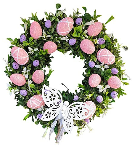 Osterkranz Osterei Dekorative Ostern Kranz mit Osterhase Anhänger, Künstliche Blumen Kränze Girlande Wandkranz Türkranz Osterdeko für Hochzeit Tür Wand Fenster Frühling Deko (55x40cm)