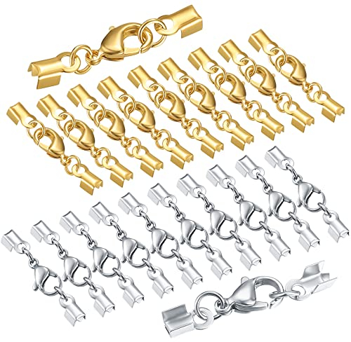 20 Stück Karabinerverschlüsse mit Kordelenden, Schmuckverschlüsse Kettenverschlüsse Verbinder für Halsketten Armband DIY Schmuckherstellung - 10 Stück Silber/10 Stück Gold/32 mm