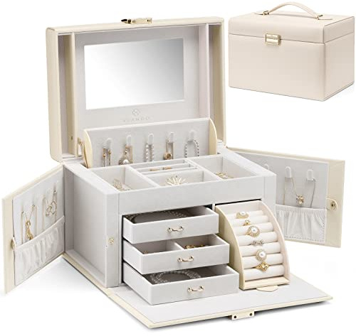 Vlando Große Barock Schmuckbox mit Spiegel, Schubladen für Armbänder, Ohrringe, Ringe, Halsketten, Muttertagsgeschenk für einen geliebten Menschen, Aprikosenweiß
