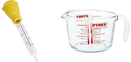 KitchenCraft KCBASTERGL Traditional Baster, Glass/Rubber, 30 cm, Yellow & Clear & Pyrex Glass Measuring Jug, Transparent, 1 Litre