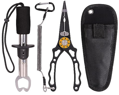Fishing Pliers Set, Fishing Hook Remover Aluminum Fishing Plier, Fish Plier-Fish Gripper Multi Tool, Fish Clip Clamp Scissors Plier, Fish Control Device Knife Pliers with Safety Bag (Blue)