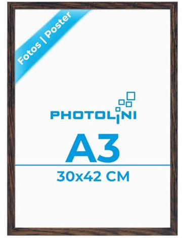 PHOTOLINI Bilderrahmen A3 Holz MDF Eiche Dunkel, A3 Bilderrahmen 30x42, DIN A 3 Rahmen mit Acrylglas, Picture Frame 42x30 zum Aufhängen, Rahmen 42 x 30 mit Zubehör für DINA3 Fotos & Poster
