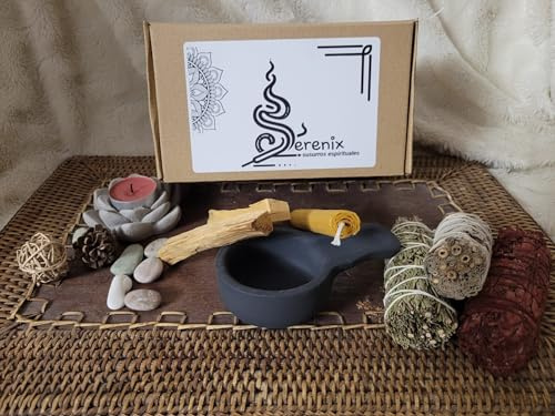 SERENIX - Pack Sahumerios - 2 Palo Santos - Salvia Blanca - Sangre Dragon - Romero - Vela Miel - Cazuela Defumación - Purificación - Limpieza - Espiritual (Pack Susurros)