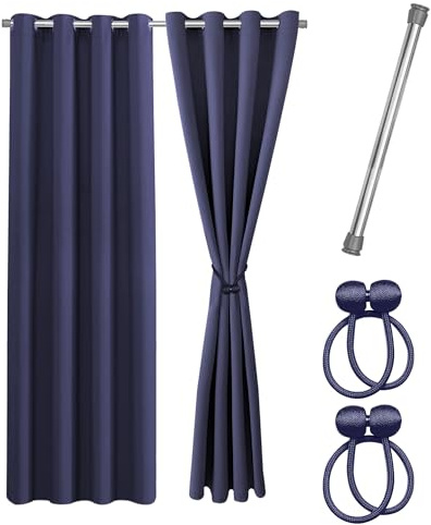 Cozyor Praktisches Set ohne Bohren: 2X Vorhang + 1x Klemmstange Silber 111-200 cm + 2X Raffhalter mit Magnet Blickdicht & verdunkelnd, als Raumteiler, Fenster & Tür Blau Thermovorhang 175x135cm