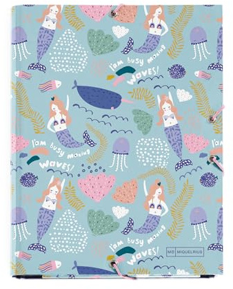 Miquelrius - Ordner mit Klappen A5, 185 x 245 x 20 mm, fester Karton, Gummiverschluss, Kollektion Mermaid
