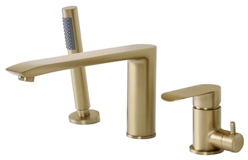 PHASAT Robinetterie de Baignoire 3 Trous,Mitigeur Baignoire 3 Trous avec douche, Robinet de baignoire avec Inverseur, Or Brossé PTBG11E
