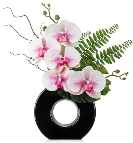 Oairse Artificial Orchid Flowers 41cm Pink Orchid Silk Flowers with Ceramic Black Vase Faux Phalaenopsis Flower Arrangement for Home Office Kitchen Table Centerpiece Decoration