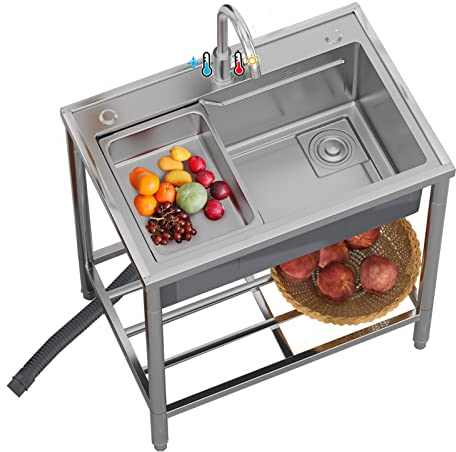 Fregadero de acero inoxidable de pie con grifo caliente y frío, para interiores y exteriores, para lavandería, garaje industrial, profundidad de 22 cm