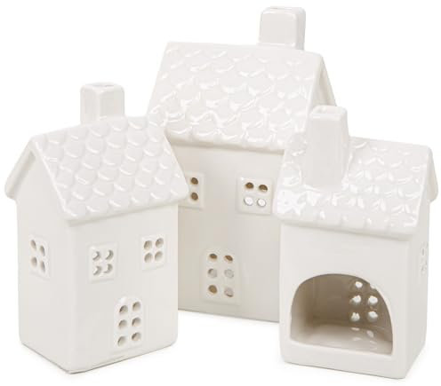 Logbuch-Verlag 3 weiße Häuser Lichthaus Windlicht Teelichthalter Häuschen für Teelichter aus Porzellan 12-15 cm Geschenk Deko