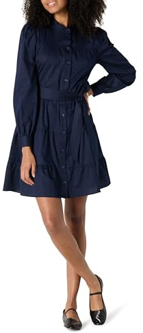 Amazon Essentials Abito Chemisier a Balze in Raso di Cotone Fit Classico Donna, Blu Marino, M