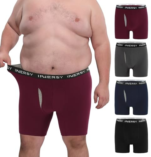 INNERSY Mens Underpants Big & Tall Cotton Boxer Briefs Moisture Wicking Underwear Trunks Multipack 4 (3XL, Black/Navy Blue/Grey/Wine)