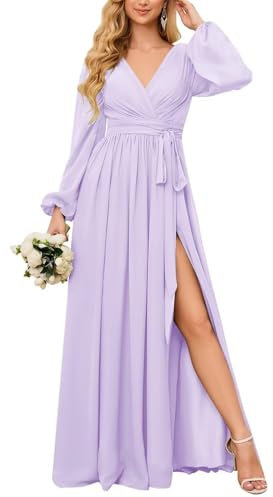 HPPEE Lilac Bridesmaid Dresses with Sleeves for Women A Line Chiffon Long Sleeve Formal Party Gown with Slit UK8