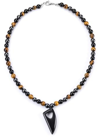 PiercingJak Collier Homme Triple Protection en Pierres Naturelles 8mm Collier Perles Pierres Oeil de Tigre Obsidienne Hématite avec Pendentif Triangle Croc Loup Bijoux Amulette Surfer (Obsidienne)