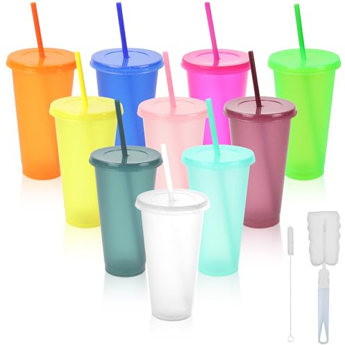 10 Stück Mehrwegbecher mit Deckel, 710ML Trinkbecher mit Strohhalm | Wiederverwendbare Kunststoffbecher Bunte Plastikbecher für Saft Kaltgetränk Kaffee Party Reisebecher