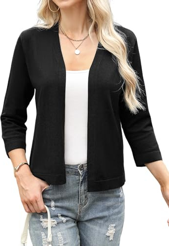 Aottori Cardigan Donna Corto Manica a 3/4 Coprispalle a Maglia Elegante Bolero Lavorato Leggero Giacca Estivo Cerimonia Nero S