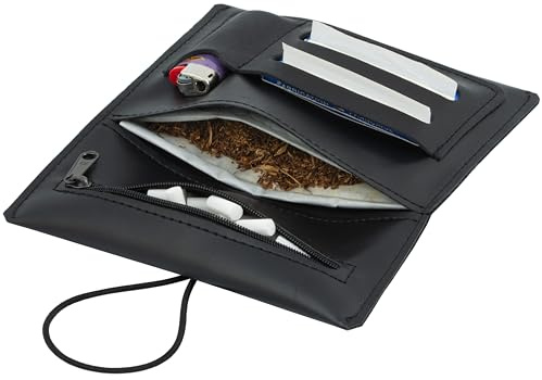Faux Leather Tobacco Pouch for 30 g Tobacco Pouch - Elegant Turner Bag with Filter Compartment & Paper Holder in High-Quality Faux Leather Look for Smokers (Smooth Black)