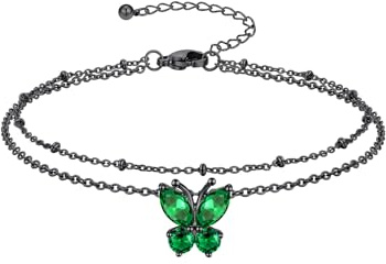 Richsteel Geburtsstein Fußkette für damen Sommer Schmuck Edelstahl Doppelte Fußkettchen Edelstein Schmetterling Silber/Gold/Schwarz