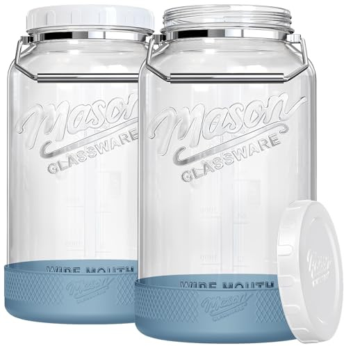 Dwbligt 1.5 Gallon Huge Glass Jar with Airtight Lid, Wide Mouth Large Mason Jars for Fermenting, Pickling, Canning, Water Glassing Eggs, Kombucha, and Food Storage – with Handle & Scale Marks(2 Packs)