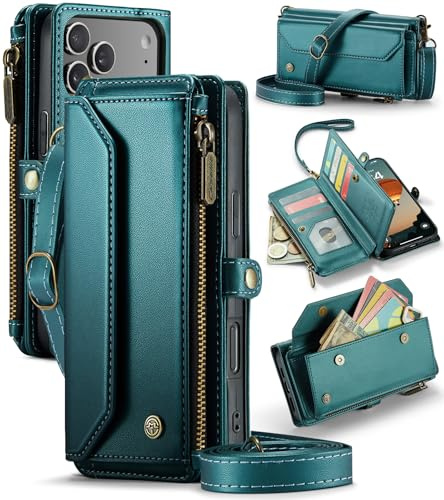 FONREST Läderväska väska fodral för iPhone-17-Pro-Max, magnetiskt flipfodral med ställ RFID-blockerande korthållare kontantplats dragkedja ficka crossbody snodd handledsrem (blå-grön)
