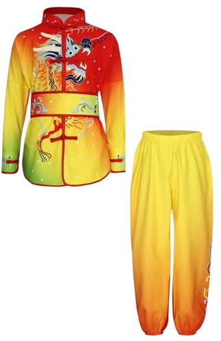 Miutii Conjunto de deporte para niños y niñas, uniforme de Tai Chi, camiseta de Kung Fu y pantalones Wushu Chándal chino Kung Fu Wing Chun, B Rojo Amarillo Verde, 146-152