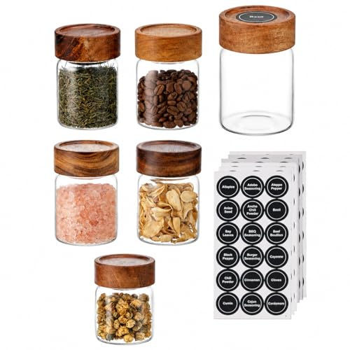 Eden & Willow 6Pcs Glass Spice Jars with Lids & Labels, 200ml Small Herbs Seasoning Jars with Acacia Lids, Borosilicate Glass Spice Container Bottles for Kitchen Pantry Storage & Organisation