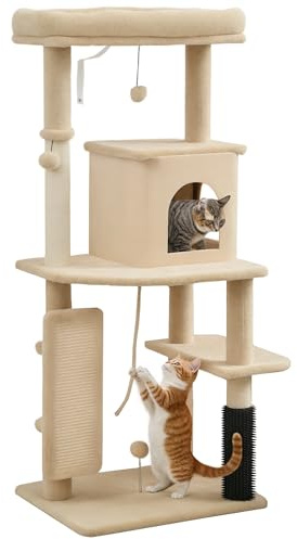 PawHut Arbre à Chat Tour de Jeux pour Chats Tapis Griffoir 132cm Beige | Tour de Jeux pour Chats, Maison, Plateformes, Brosse de Toilettage, Balles de Jeu