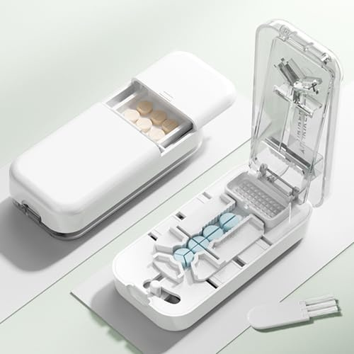 YILAIMAX Pill Cutter for Small Pills,Multifunctional 1/2 1/3 1/4 Tablet Cutter for Pills with Crushed and Pill Storage Function,Pill Splitter Suitable for the Families and Travel (White)