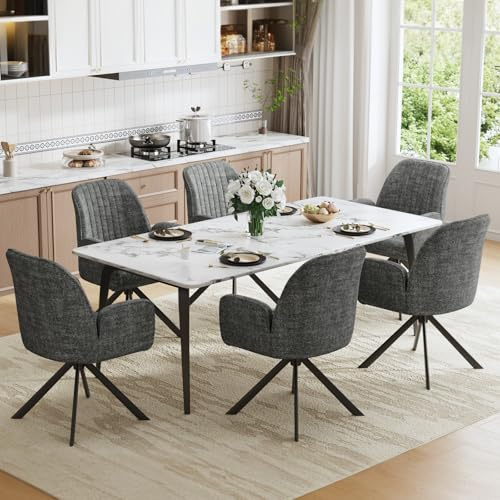 Ckaff 6er Set Esszimmerstühle Drehbar mit Armlehne, 360°Drehbar Polsterstuhl Küchenstuhl aus Chenille, Stühle Esszimmer Schminkstuhl Drehstuhl mit Metallbeine für Esszimmer Schlafzimmer, Dunkelgrau